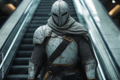 Medieval knight wearing armor going up on escalator in subway station