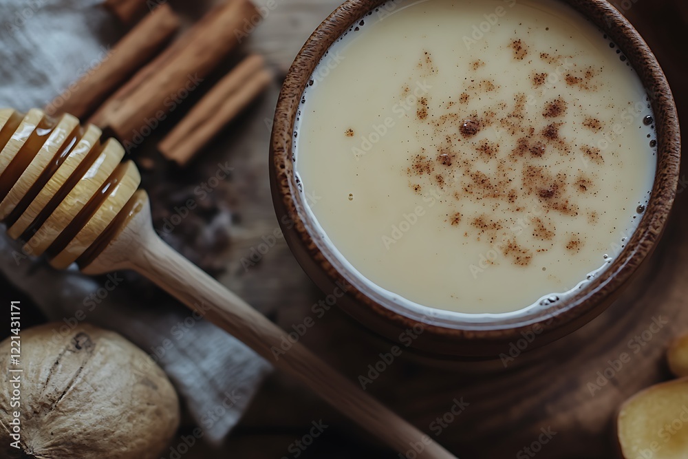 Fototapeta premium A rich spiced honey latte with a smooth milk base and a sprinkle of cinnamon and nutmeg.