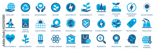 Ecology icon set in flat duotone solid icons web design. Pack pictograms with recycle, environment, nature, electricity, sustainability, forest, electric car, renewable, other. Vector illustration.