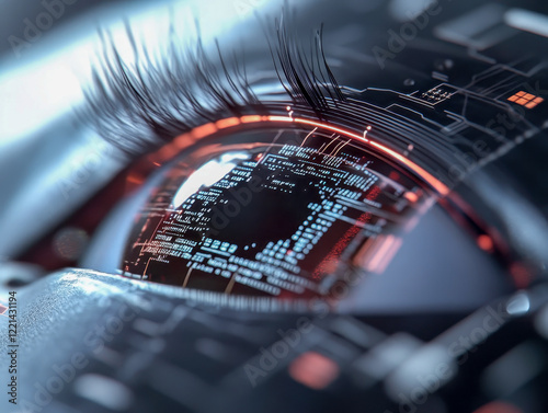 Futuristic cyborg eye showing digital information processing technology photo