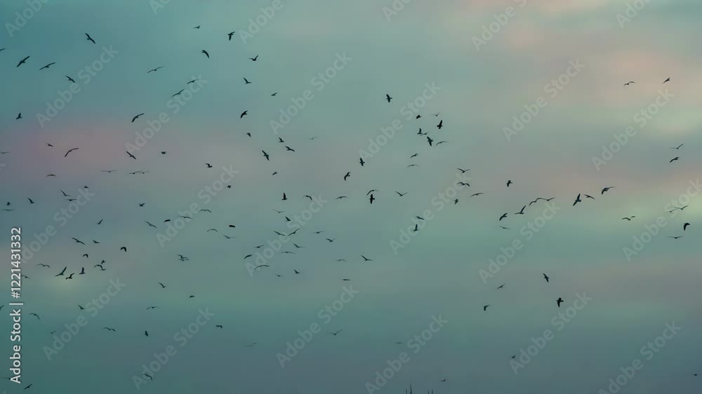 Flock of Birds in the Bright Sky. A large number of birds circling in the background of the cloudy sky in sunset colors Flock of Birds in the Bright Sky. A large number of birds circling in the background of the cloudy sky in sunset colors