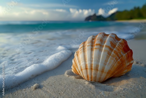 Beautiful seashell on tropical beach with gentle surf foam, turquoise ocean water and cloudy sky, perfect for travel agency advertising or spa wellness decoration.