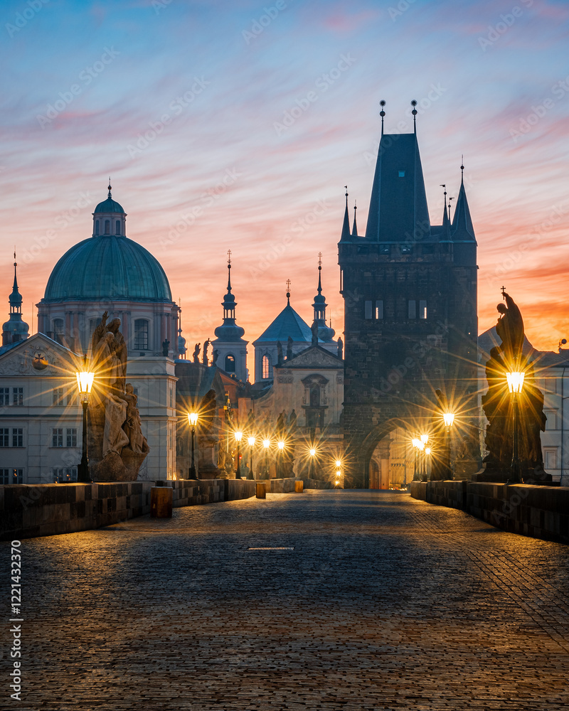Naklejka premium city, prague, architecture, river, europe, bridge, castle, building, cityscape, town, travel, view, urban, skyline, night, landma, charles bridge, cathedral, autumn, panorama, church, water, czech