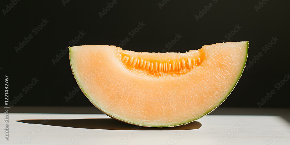 A juicy slice of cantaloupe melon, showcasing its vibrant orange flesh and delicate seeds. A refreshing summer treat. A juicy slice of cantaloupe melon, showcasing its vibrant orange flesh and delicate seeds. A refreshing summer treat.