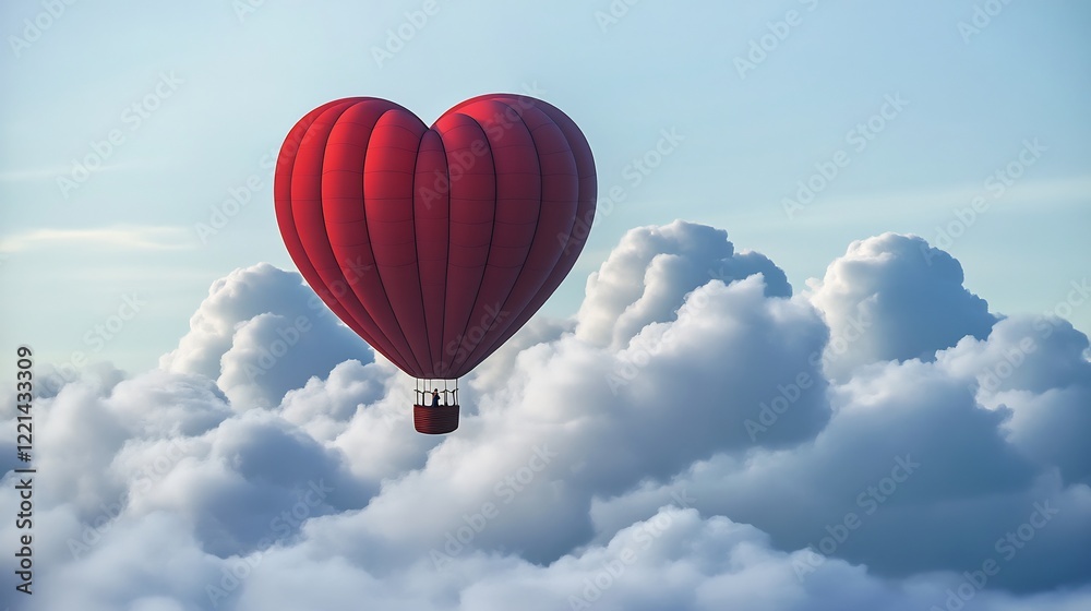 Fototapeta premium Whimsical hot air balloon shaped a heart floating among dreamy fluffy clouds