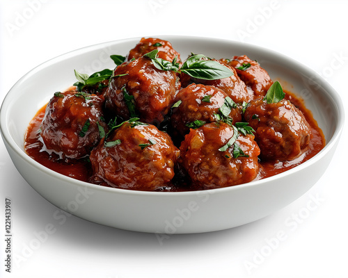 Delicious meatballs in tomato sauce served elegantly on a unique Italian plate for an upscale dining experience photo