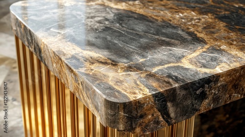 Close-up of polished marble table top with gold metal base.