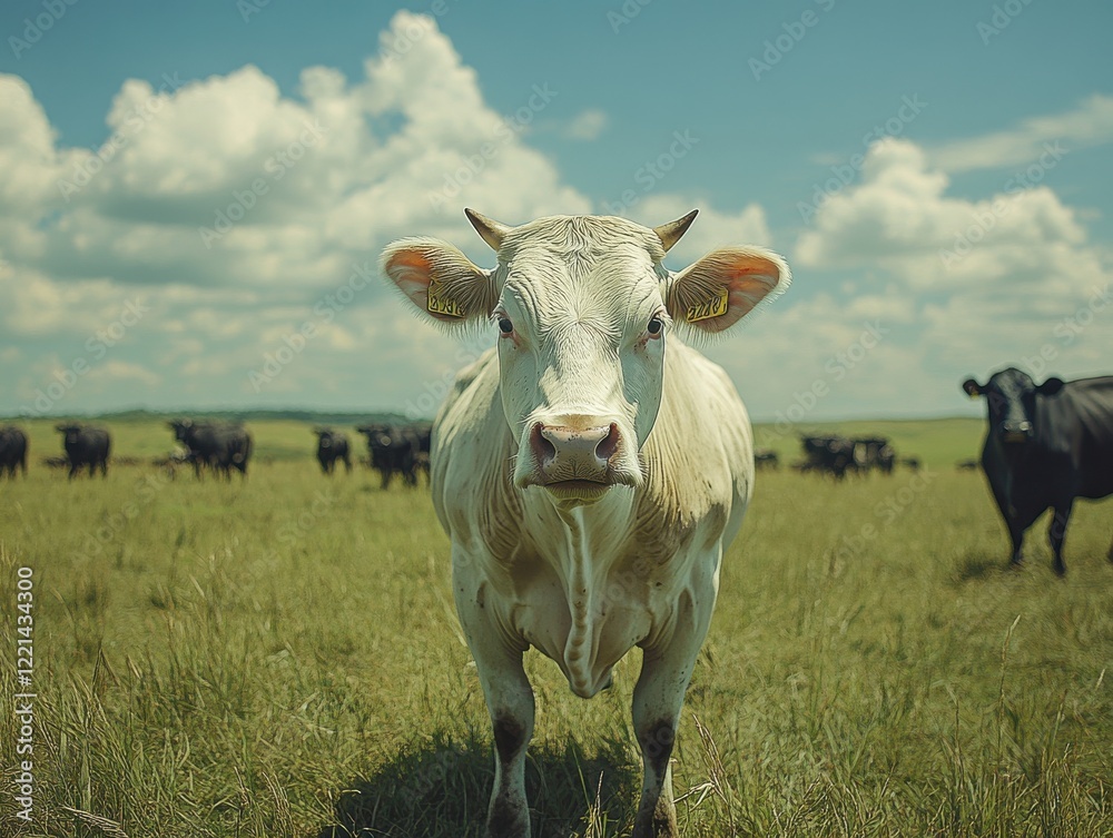 White Cow in Green Pasture with Black Cattle in Background Under Clear Blue Sky and Fluffy White Clouds Facing the Camera in Sunny Daylight