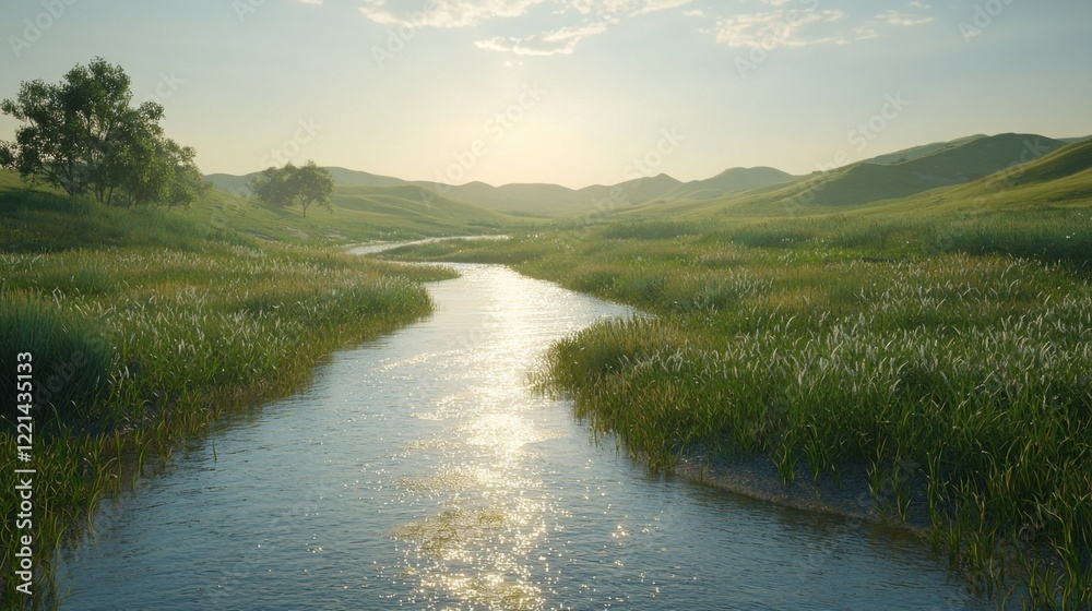 Fototapeta premium A river runs through a grassy field with a tree in the foreground