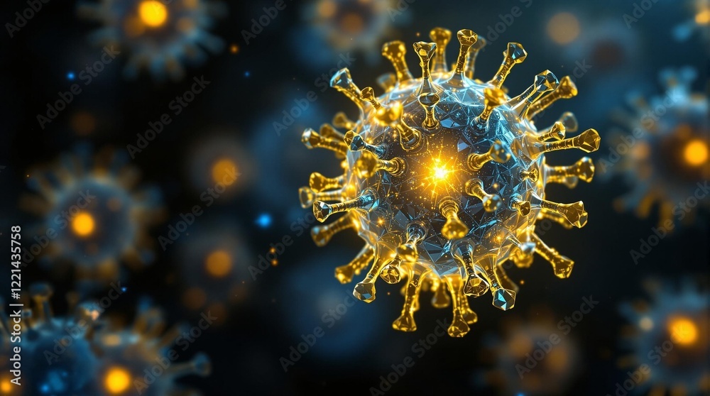 Obraz premium a 3D rendering of a virus particle with a glowing appearance against a dark background, giving it an ominous and dramatic look.