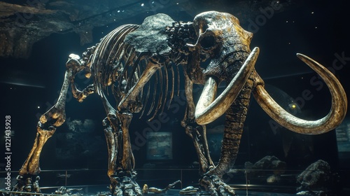 A skeleton of an elephant with a large tusk