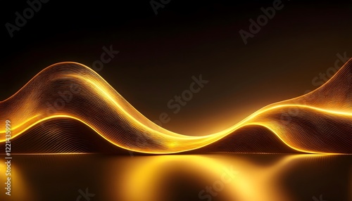 Neon Wave abstract background, Isolated on a dark background, Gold Neon wave with glow, Technology, network, internet concept, Empty Table
