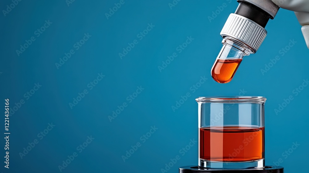 Precise Dropper: A close-up shot reveals a precise dropper dispensing a vibrant amber liquid into a beaker against a deep blue backdrop, suggesting scientific experimentation or analysis. Precise Dropper: A close-up shot reveals a precise dropper dispensing a vibrant amber liquid into a beaker against a deep blue backdrop, suggesting scientific experimentation or analysis.