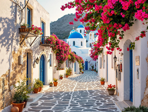 a picturesque, narrow street in a Mediterranean village, adorned with white buildings, blue doors and shutters, and vibrant pink bougainvillea flowers. The street is lined with flower pots and has a d photo