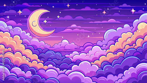 Purple gradient moonlit sky with stars and clouds wallpaper