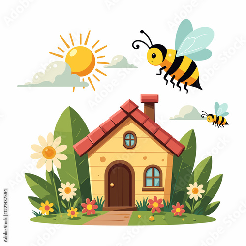 Cozy house with buzzing bees and butterflies, cheerful garden scene