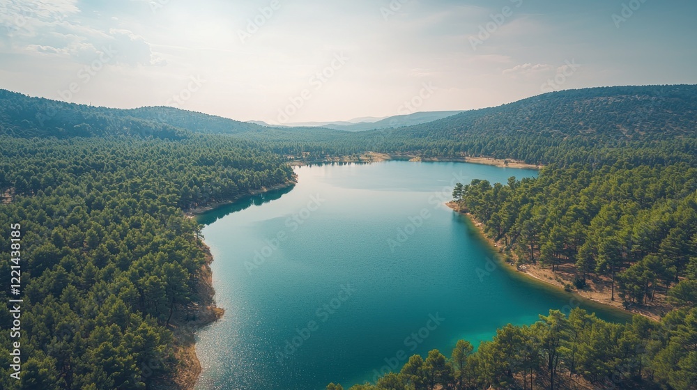 Serene lake nestled amidst a lush green pine forest Serene lake nestled amidst a lush green pine forest