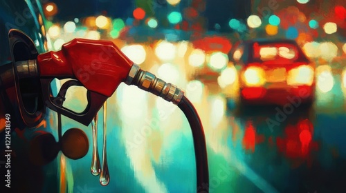 Fuel nozzle dripping gasoline at night in city traffic. photo