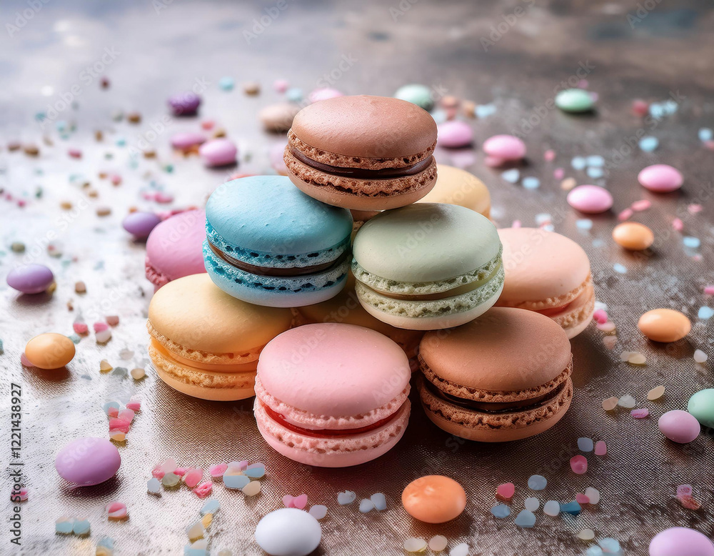 Obraz premium A colorful pyramid of French macarons in pastel shades of pink, purple, blue, and yellow is arranged on a dark surface surrounded by scattered candy confetti.