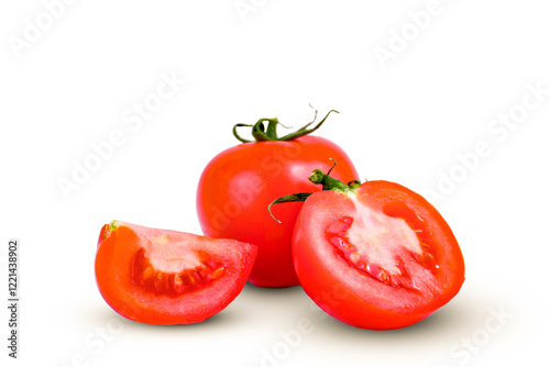 fresh red tomatoes whole, half, quarter on a white background