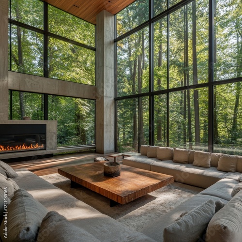 A calming living room offers plush seating around a rustic wooden table, with expansive, floor-to-ceiling windows that frame a lush wooded outdoor scene. photo