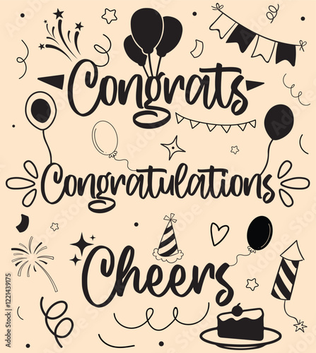 Congrats Congratulations Cheers Vector Calligraphy text and Decortion shapes of Celebrations. Hand drawn lettering for greeting.