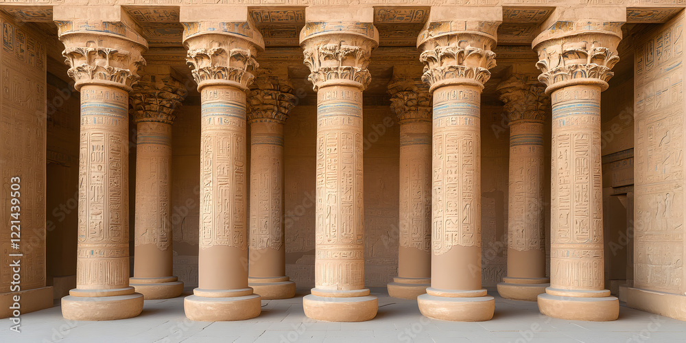 Fototapeta premium Ancient stone columns with intricate carvings stand tall, showcasing a rich history and architectural marvel. The detailed inscriptions tell a story of a bygone era.