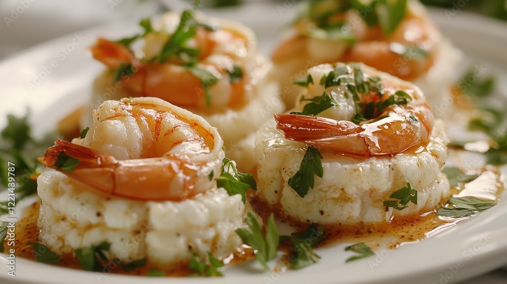 A plate of shrimp and parsley with a garnish of parsley A plate of shrimp and parsley with a garnish of parsley
