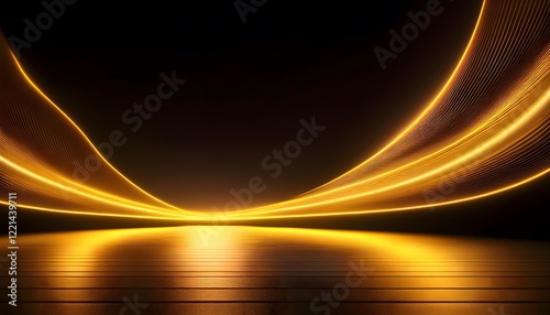 Neon Wave abstract background, Isolated on a dark background, Gold Neon wave with glow, Technology, network, internet concept, Empty Table
