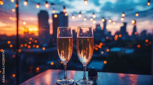 Urban rooftop dinner sunset with string lights champagne glasses and a romantic skyline view perfect for Valentines Day celebrations elegant anniversary settings or romantic visuals