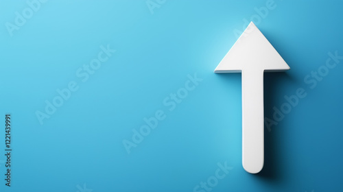 A large white arrow points upwards, set against a blue background, creating a bold and clear visual contrast.

