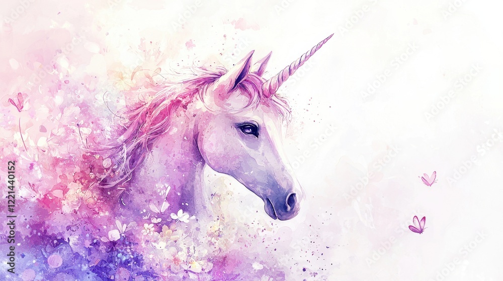 Naklejka premium A unicorn with a pink and purple mane and a white body