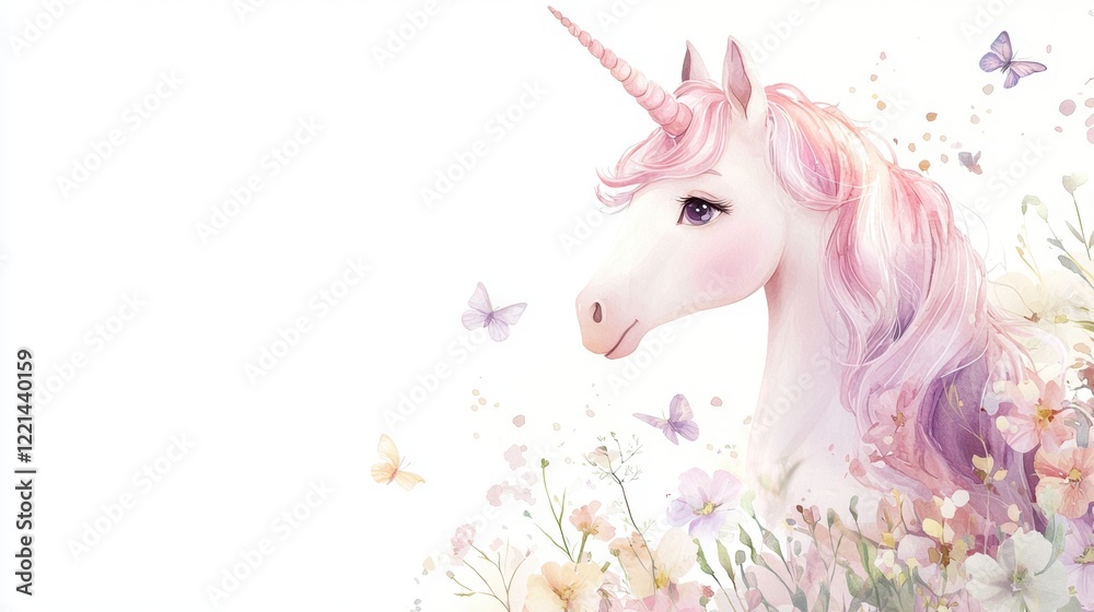 Fototapeta premium A unicorn with a pink mane and a white horn is surrounded by flowers