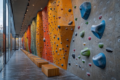 Thrilling Indoor Rock Climbing Adventure at a Contemporary Gym Facility Filled with Excitement and Challenges photo