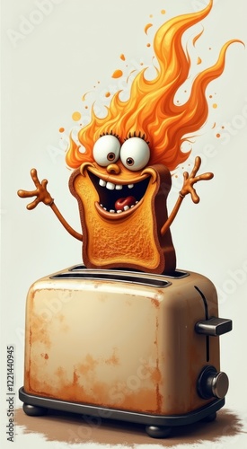 Cartoon toaster with a toaster with a burning face and arms