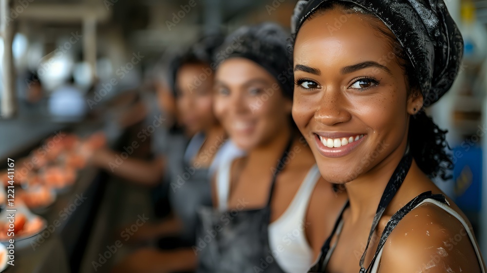 Obraz premium Young African American woman with bright smile wearing headscarf and apron working in modern restaurant kitchen, perfect for hospitality, food service, and small business marketing.