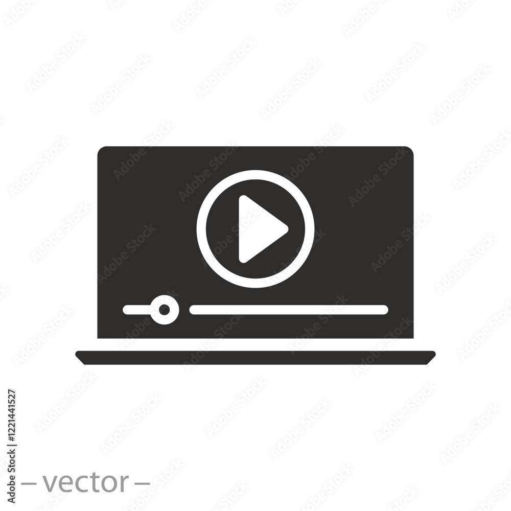play video learning, webinar on a laptop, icon, online distance training, flat vector illustration play video learning, webinar on a laptop, icon, online distance training, flat vector illustration
