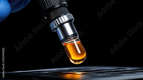 Microscopic Exploration:  A gloved hand carefully manipulates a vial containing a translucent amber liquid, a single drop poised to fall, highlighting the intricate details of scientific research. photo