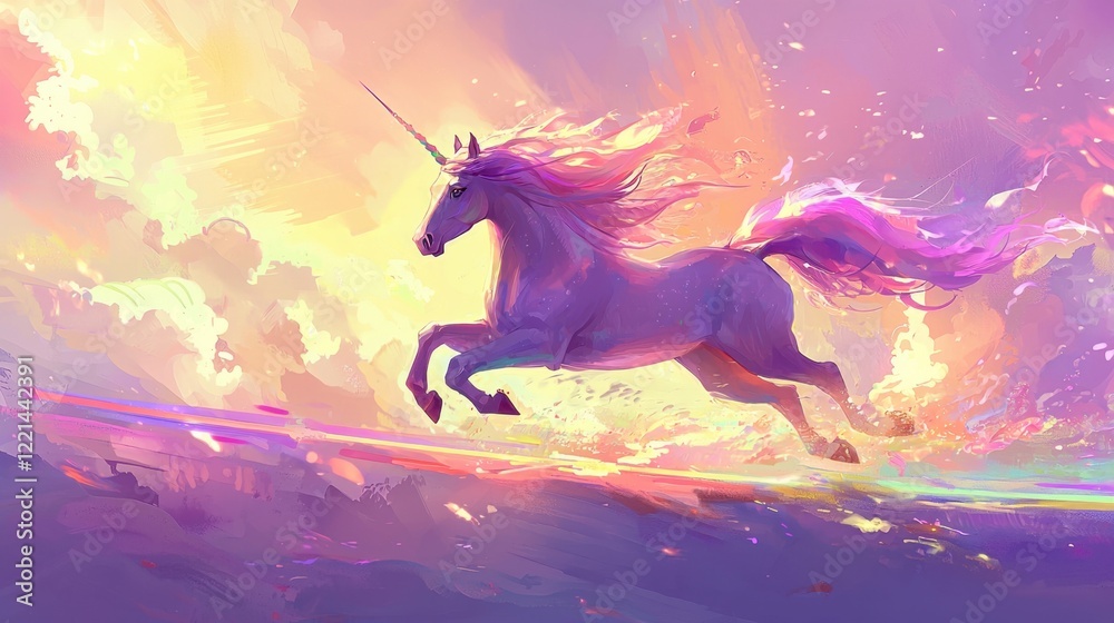 Fototapeta premium A unicorn is running through the sky with a rainbow in the background