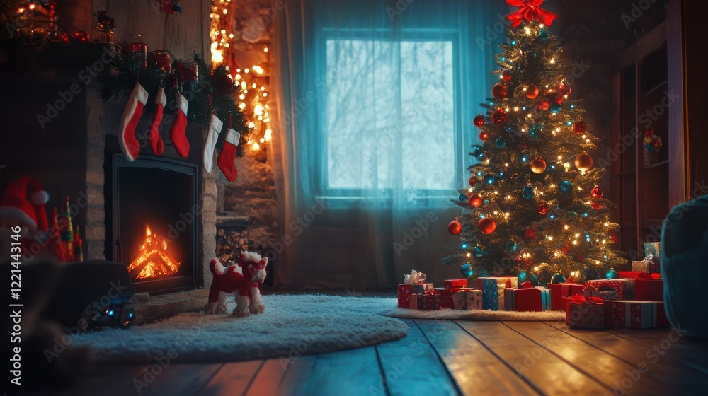 Cozy christmas living room with glowing tree and fireplace Cozy christmas living room with glowing tree and fireplace