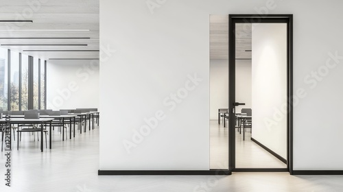 Modern Glass Door Opens to an Empty Conference Room Featuring Minimalist Decor and Sleek Furniture for Collaborative Meetings