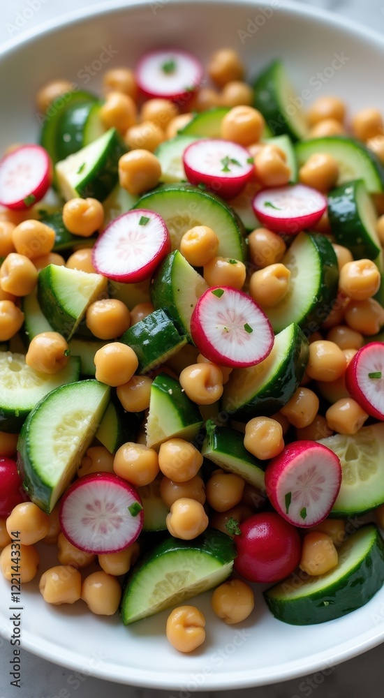Bowl of chickpeas and cucumbers with radishes Bowl of chickpeas and cucumbers with radishes