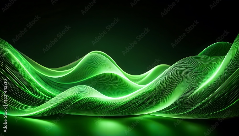 Obraz premium Neon Wave abstract background, Isolated on a dark background, Green Neon wave with glow, Technology, network, internet concept
