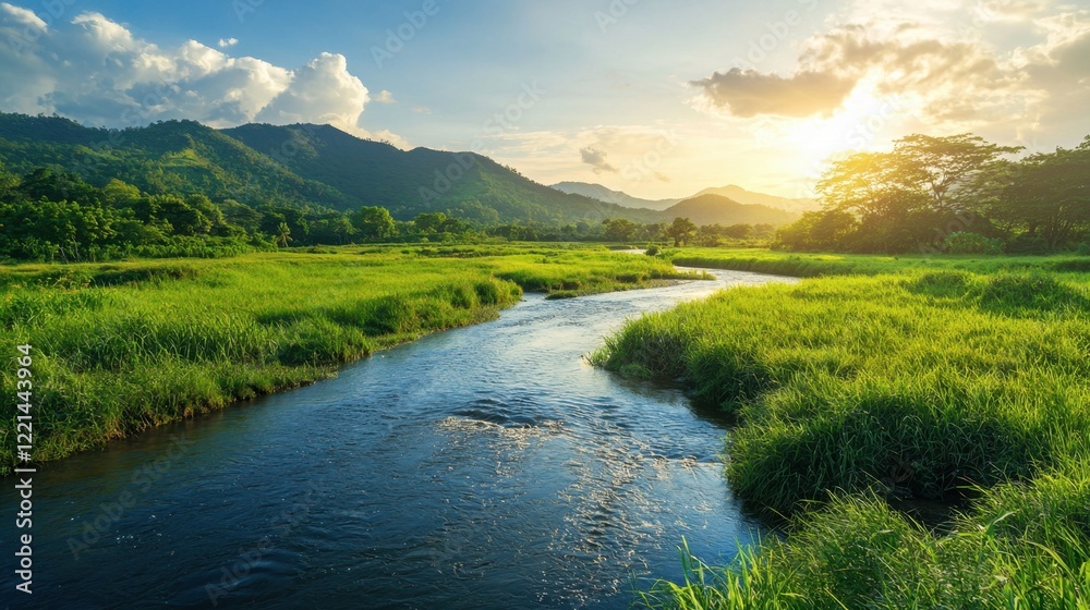 Obraz premium A river with a green grassy bank and mountains in the background