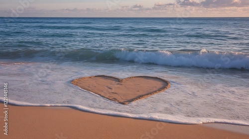 Heart outlined the sand with gentle waves approaching creating a peaceful Valentines Day setting perfect for romantic beachinspired visuals or lovethemed destination photography photo