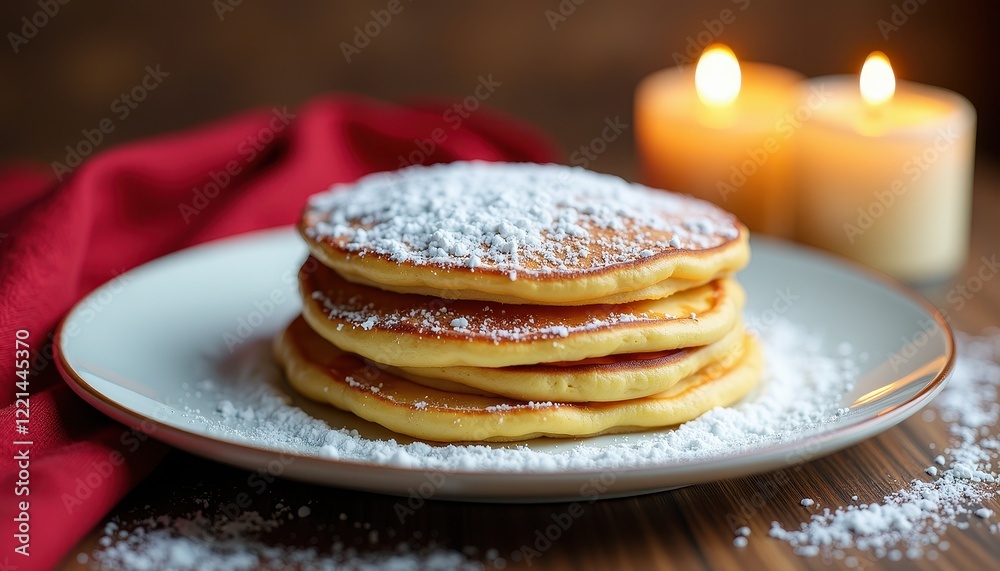 Golden Pancakes with Powdered Sugar on a Wooden Surface under m Candles and Red Cloth Golden Pancakes with Powdered Sugar on a Wooden Surface under m Candles and Red Cloth