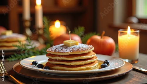 Wallpaper Mural Cozy Fall Breakfast: Golden Pancakes on Rustic Table with Blueberries and Candles Torontodigital.ca