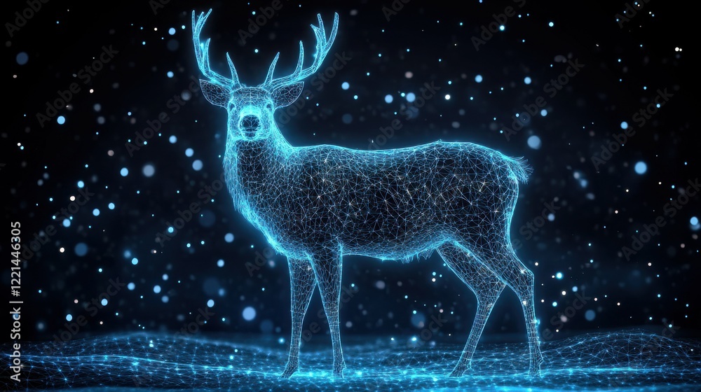 Digital wireframe deer with glowing neon lines in a starry night environment Digital wireframe deer with glowing neon lines in a starry night environment