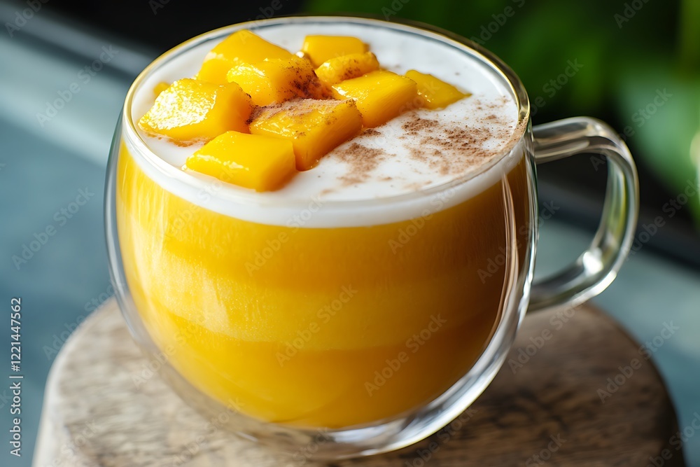 A tropical mango coconut milk latte with vibrant mango puree and a coconut milk base. A tropical mango coconut milk latte with vibrant mango puree and a coconut milk base.