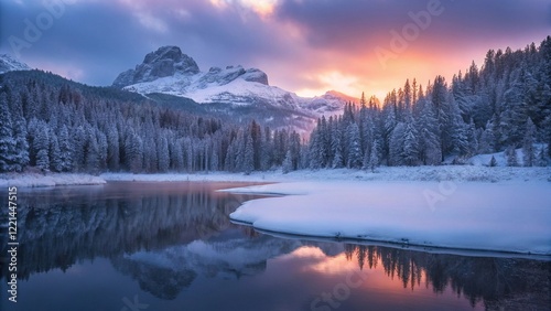 beautiful landscape photograph of a snowy mountain range at sunrise or sunset. photo